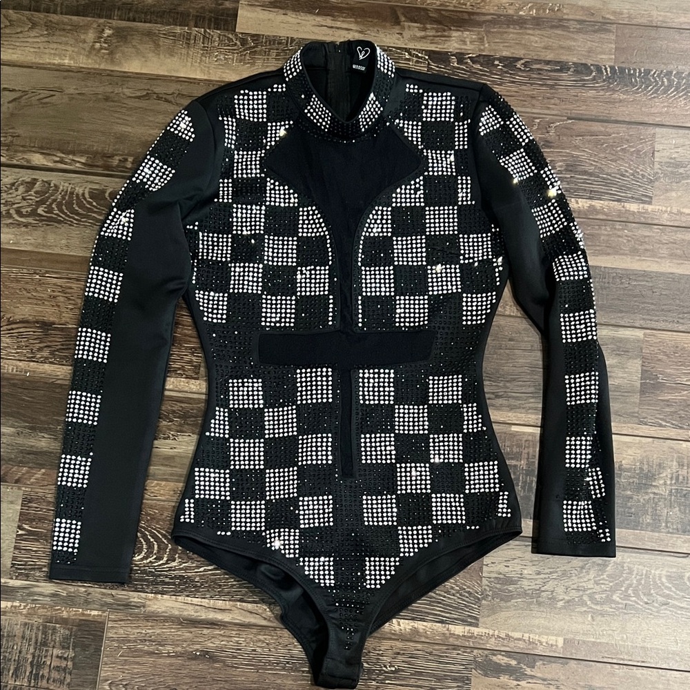 Windsor Black and Silver Rhinestone Checkered Bodysuit